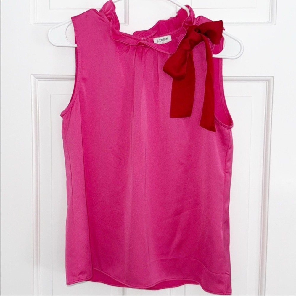 J. Crew Factory Womens Top Hot Pink with Red Bow Ruffle Collar Blouse S